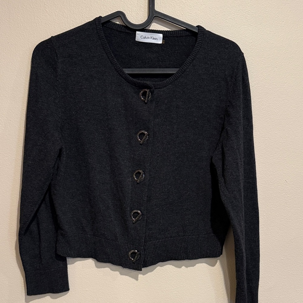 Calvin Klein Black Cardigan Bolero Button Sweater Preppy Modern Stylish Chic